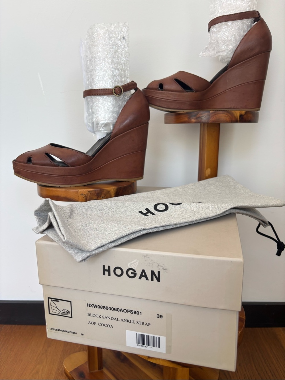 Hogan Brown Leather Wedge Sandals with Ankle Strap, sz 39 Made in Italy